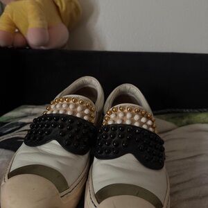 Fendi White and Black Sneakers with Gold Accents